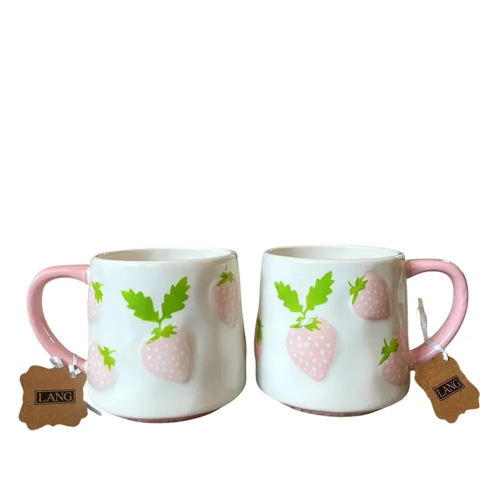 Lang Hand Painted PINK STRAWBERRY Ceramic Coffee Tea Mugs Set of 2 New